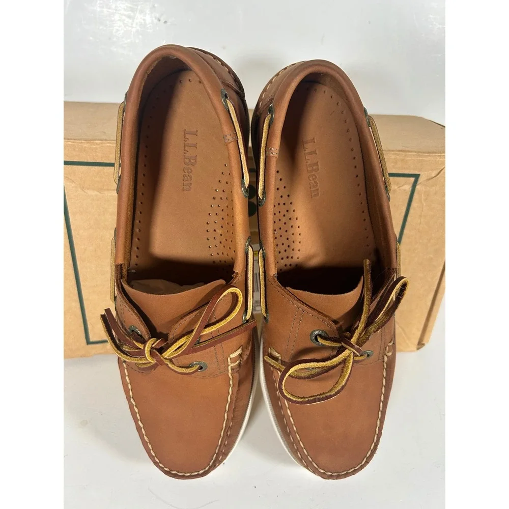 LL Bean Casco Bay Boat Mocs Mens 8.5 D Briar Brown Leather Loafers New